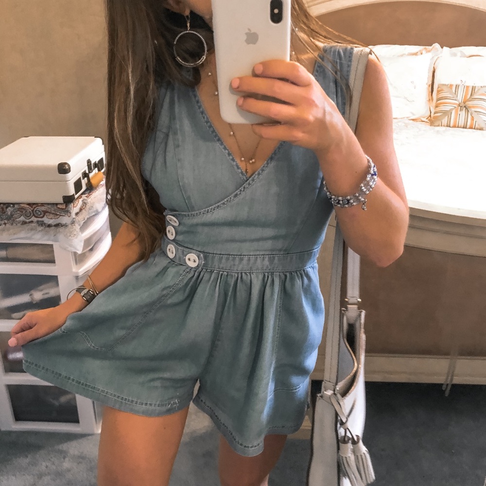 UO • Denim Blue White Button Short Summer Romper